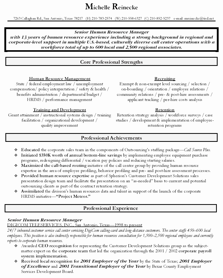 Human Resources Manager Resume Unique Sample Human Resources Manager Resume
