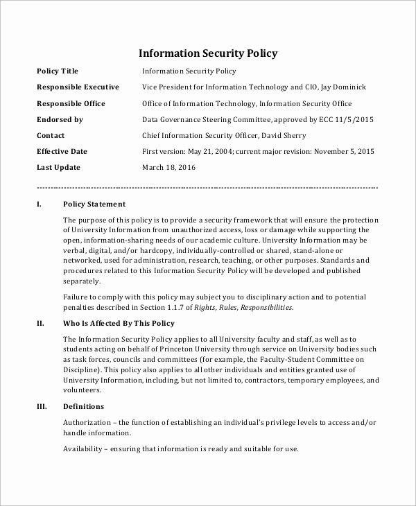 Information Security Policies Templates Beautiful Security Policy Sample 8 Examples In Word Pdf