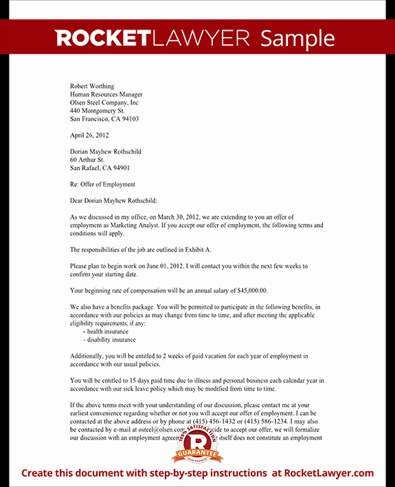 Job Offer Letter Example Beautiful Job Fer Letter Employment Fer Letter Template with