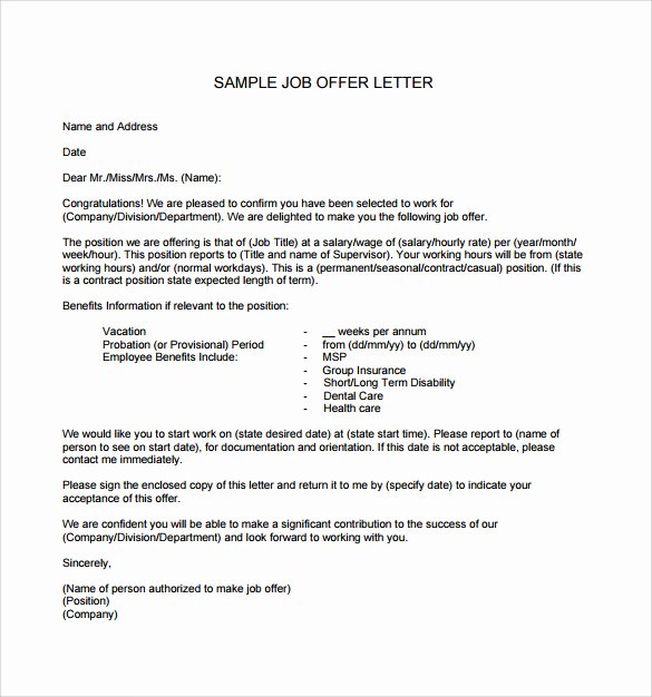 Job Offer Letter Example Luxury Sample Fer Letter Template 14 Free Examples format