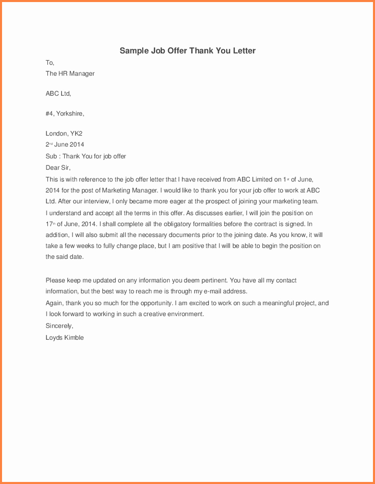 Job Offer Thank You Letter Beautiful 6 Thank You Letter after Job Offer