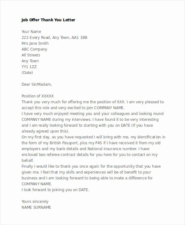 Job Offer Thank You Letter Lovely 8 Job Fer Thank You Letter Templates Pdf Doc Apple