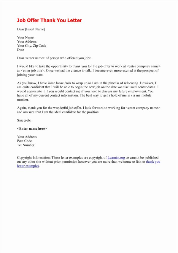 Job Offer Thank You Letter New 9 Job Fer Thank You Letter Samples &amp; Templates Free
