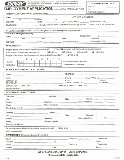 Jobs Application form Pdf Inspirational Subway Application form Free Download Edit Fill