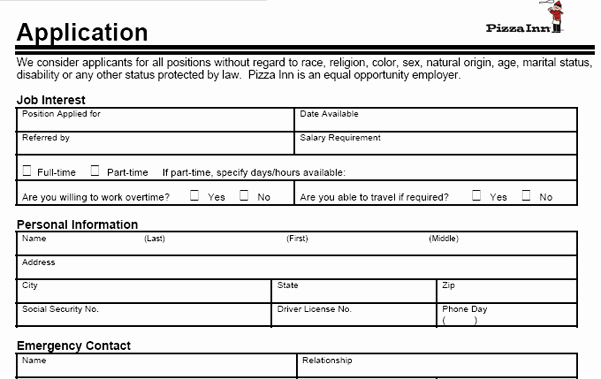 Jobs Application form Pdf Luxury Pizza Inn Application Pdf Print Out