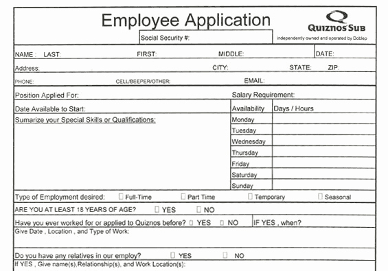 Jobs Application form Pdf Luxury Quiznos Application Pdf Print Out