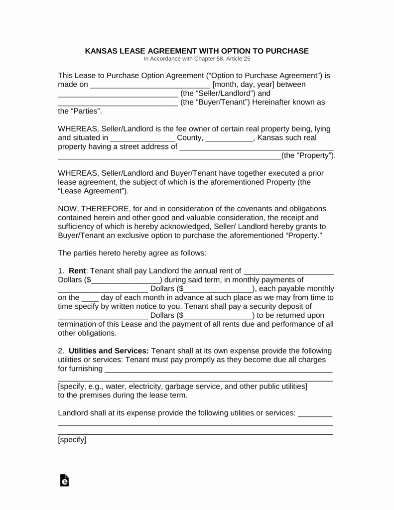 Land Purchase Agreement form Pdf Lovely Free Kansas Lease Agreement with Option to Purchase form