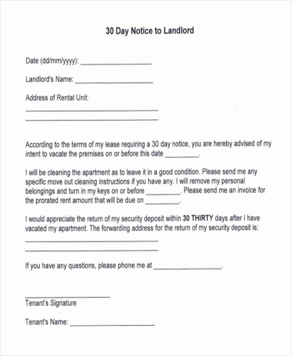 Landlord Notice to Vacate Best Of Free 8 Sample 30 Day Notice to Landlord forms In Pdf