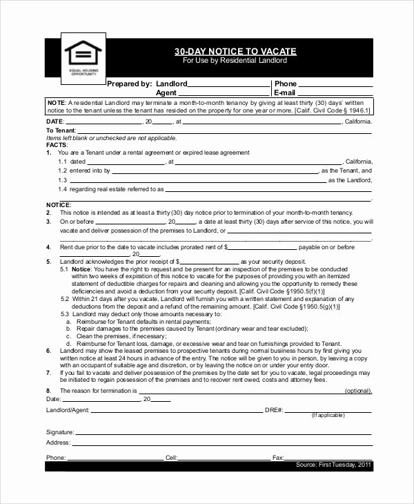 Landlord Notice to Vacate Luxury Sample 30 Day Notice 9 Examples In Word Pdf
