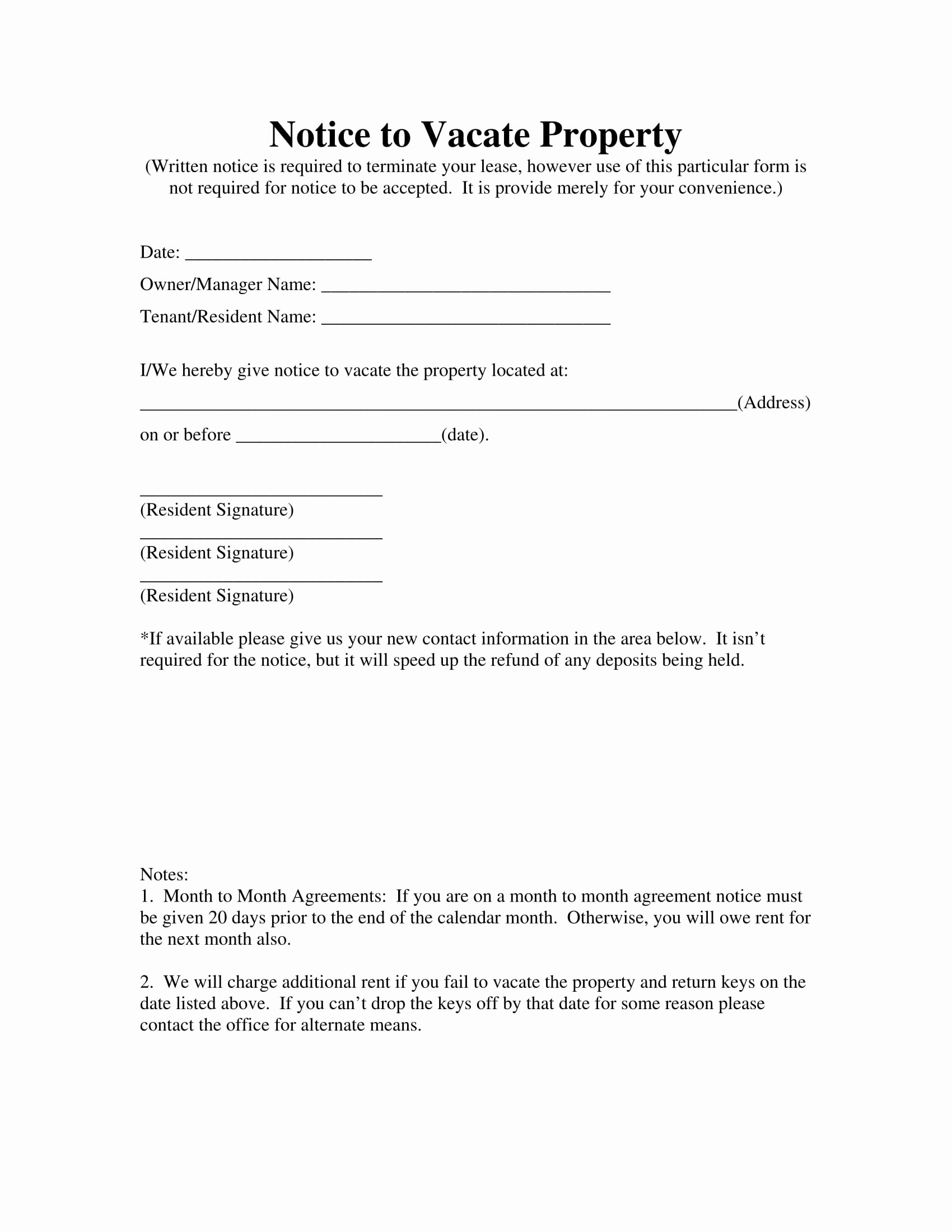 Landlord Notice to Vacate New 15 Landlord forms Landlord Agreements Notice forms