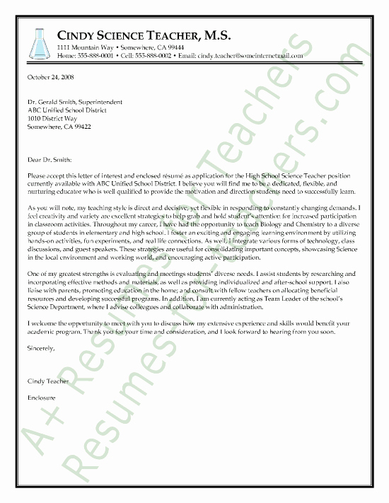 Letter Of Interest Teacher Elegant Science Teacher Cover Letter Sample