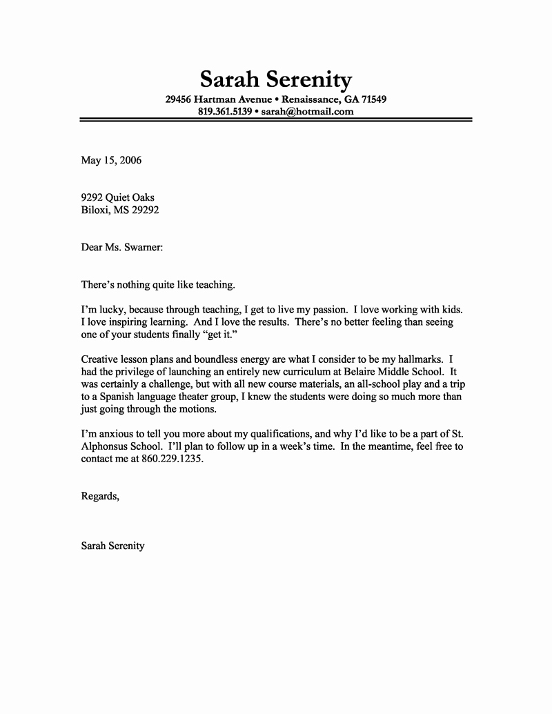Letter Of Interest Teacher Fresh Cover Letter Example Of A Teacher with A Passion for