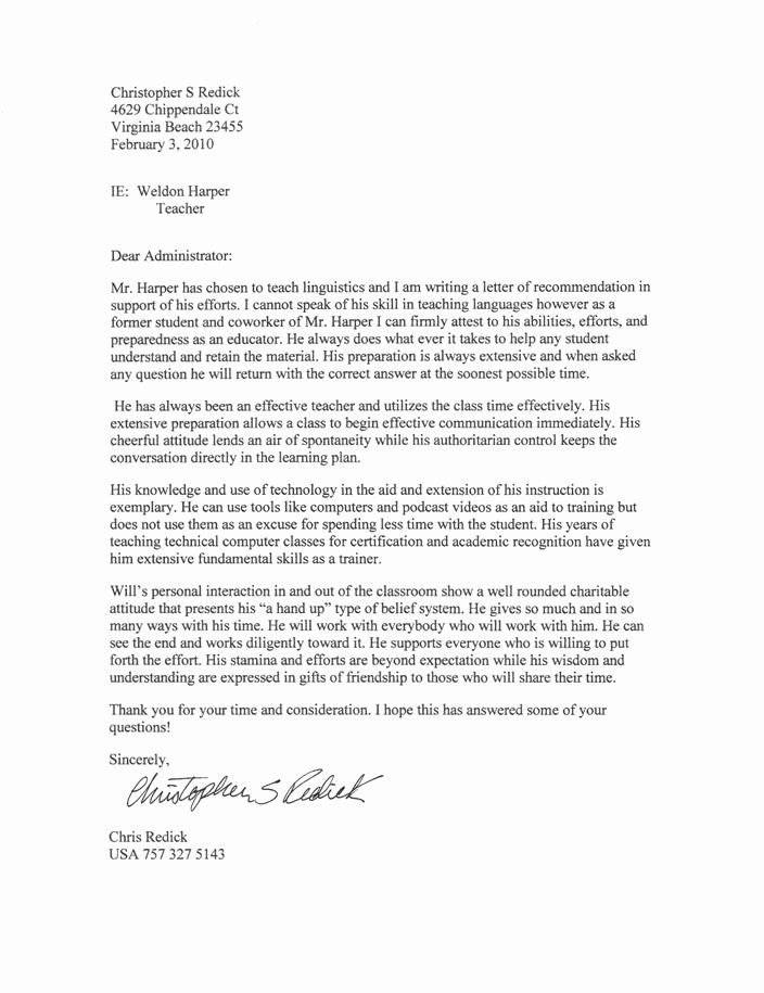 Letters Of Recommendation for Teachers Inspirational Sample Letter Of Re Mendation for Teacher