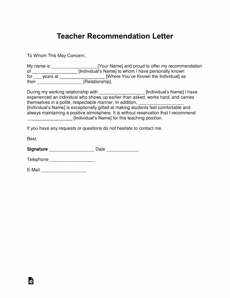 Letters Of Recommendation for Teachers Luxury Free Teacher Re Mendation Letter Template with Samples