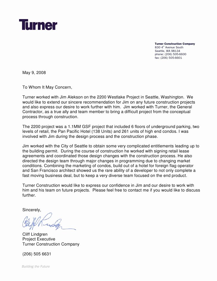 Letters Of Recommendation Template Luxury Turner Construction Letter Re Mendation