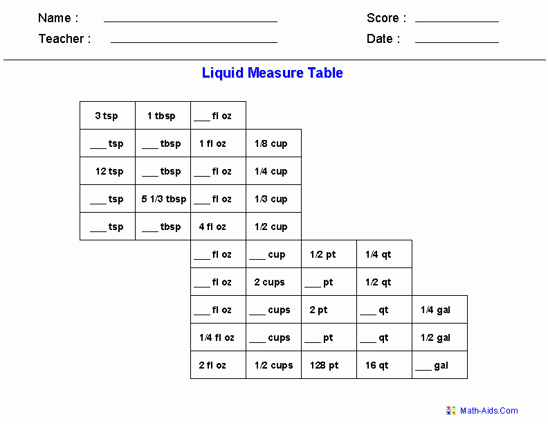 Liquid Measurement Conversion Chart Fresh Measurement Worksheets