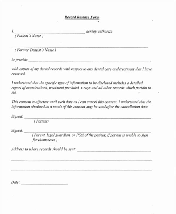 Medical Record Release form Unique Sample Dental Records Release form 8 Examples In Word Pdf