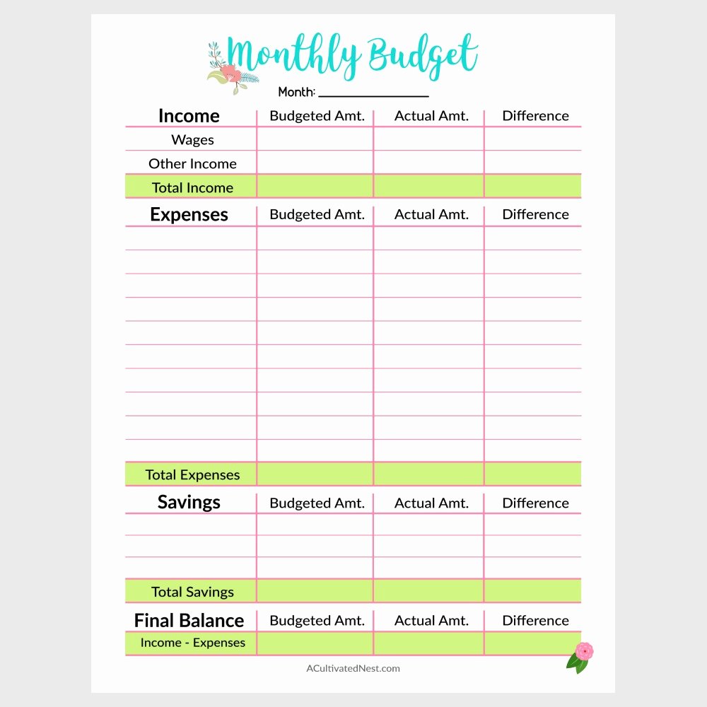 Monthly Budget Worksheet Printable Awesome Printable Monthly Bud Template A Cultivated Nest