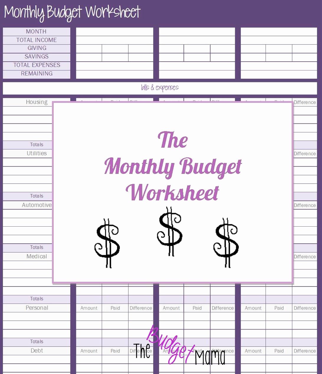Monthly Budget Worksheet Printable Unique Monthly Bud Printable the Bud Mama