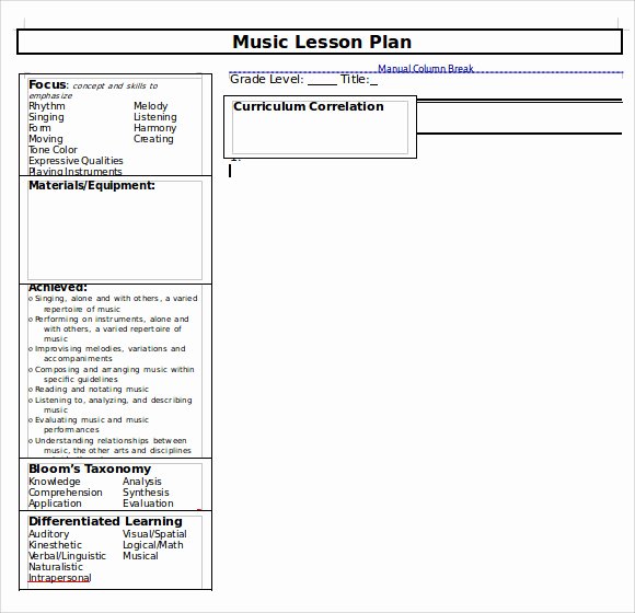 Music Lesson Plan Template Awesome Sample Music Lesson Plan Template 9 Free Documents In