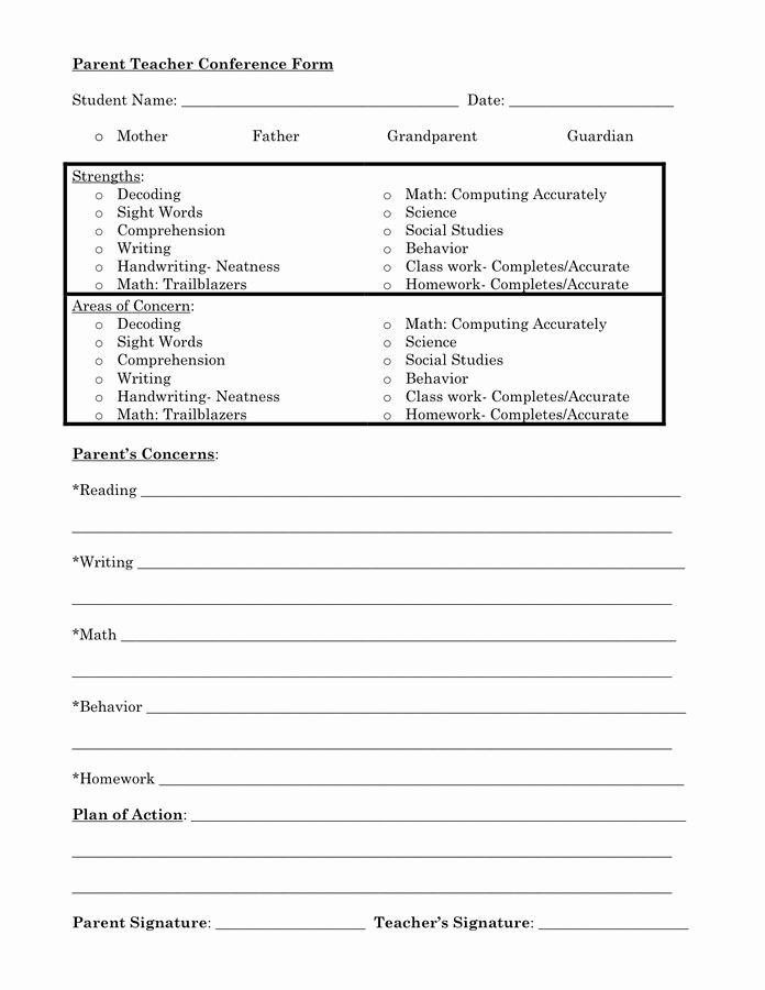 Parent Teacher Conference forms Lovely Parent Teacher Conference form In Word and Pdf formats