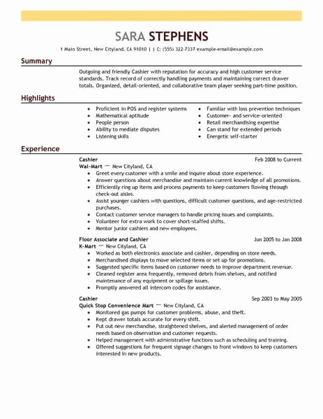 Part Time Job Resume Awesome Best Part Time Cashiers Resume Example