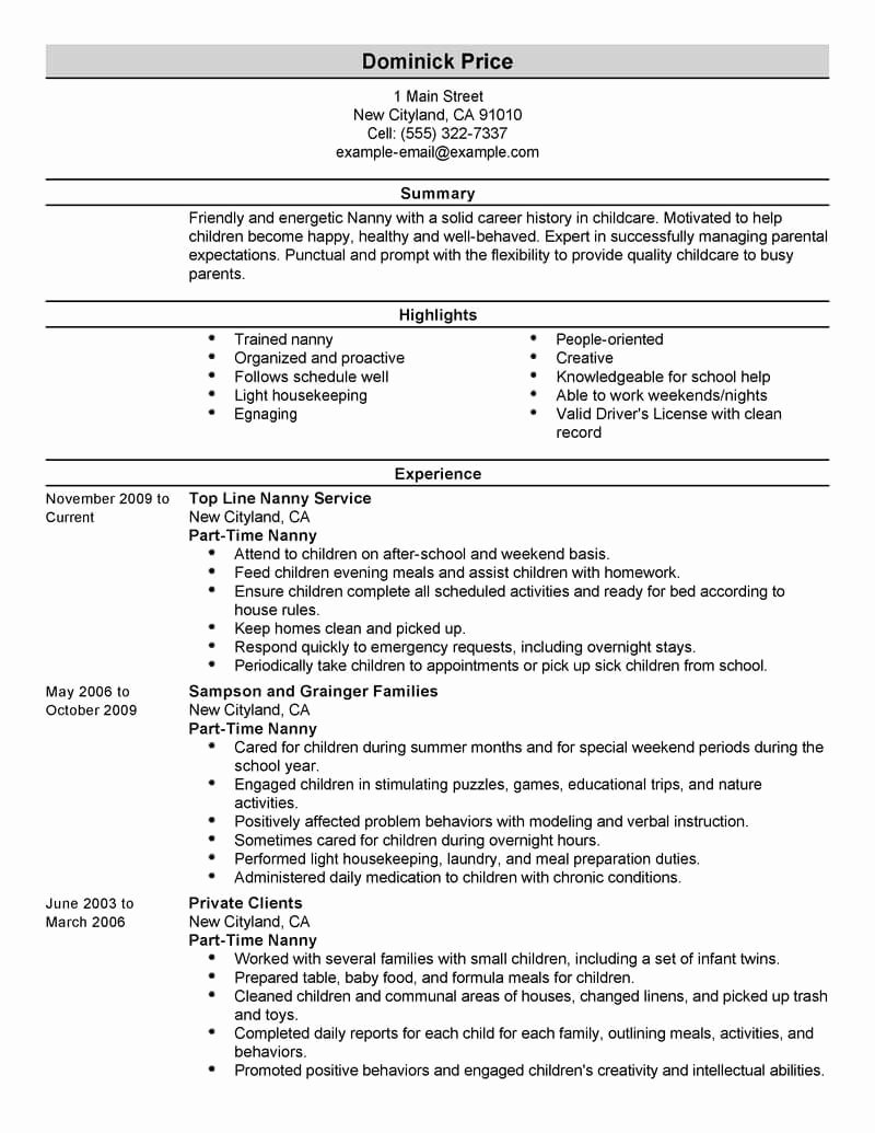 Part Time Job Resume New Best Part Time Nanny Resume Example