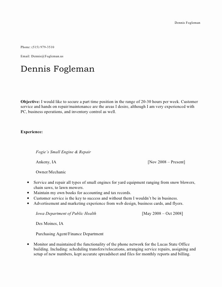 Part Time Job Resume New Dennis Fogleman Part Time Resume