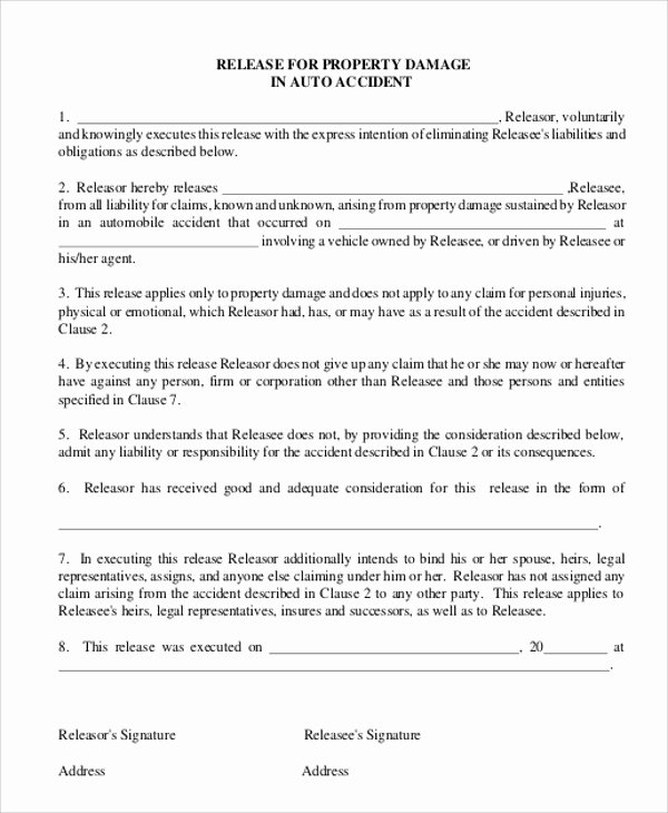 Personal Injury Waiver form Beautiful Sample Accident Release form 9 Examples In Word Pdf