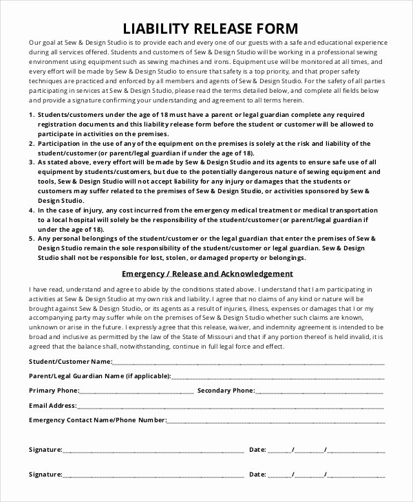 Personal Injury Waiver form Inspirational Sample Liability Release form 8 Examples In Pdf Word