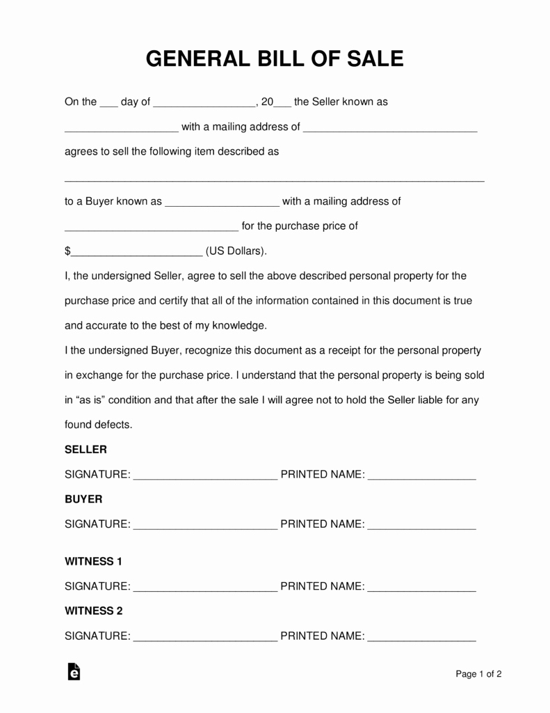 Printable Bill Of Sale form Fresh Free General Personal Property Bill Of Sale form Word