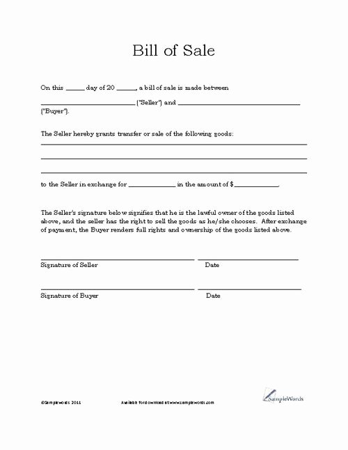 Printable Bill Of Sale form Inspirational Basic Bill Of Sale form Printable Blank form Template