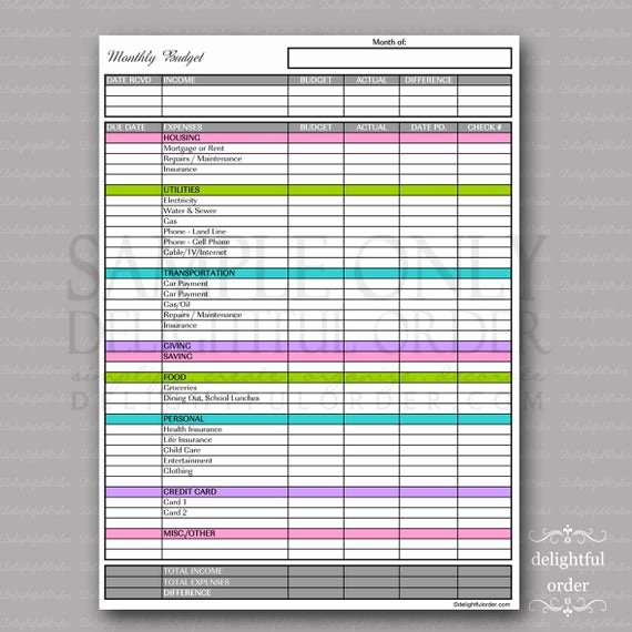Printable Budget Worksheet Pdf Elegant Colorful Monthly Bud form Pdf Printable File Instant