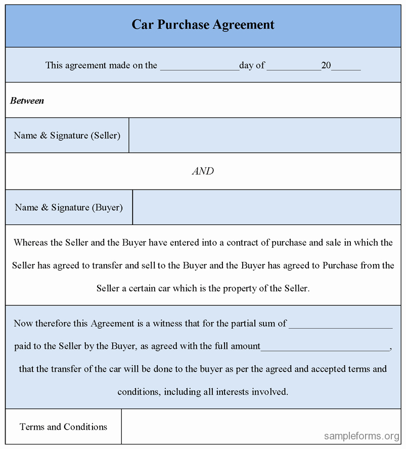 Printable Vehicle Purchase Agreement New Car Purchase Agreement form Sample forms