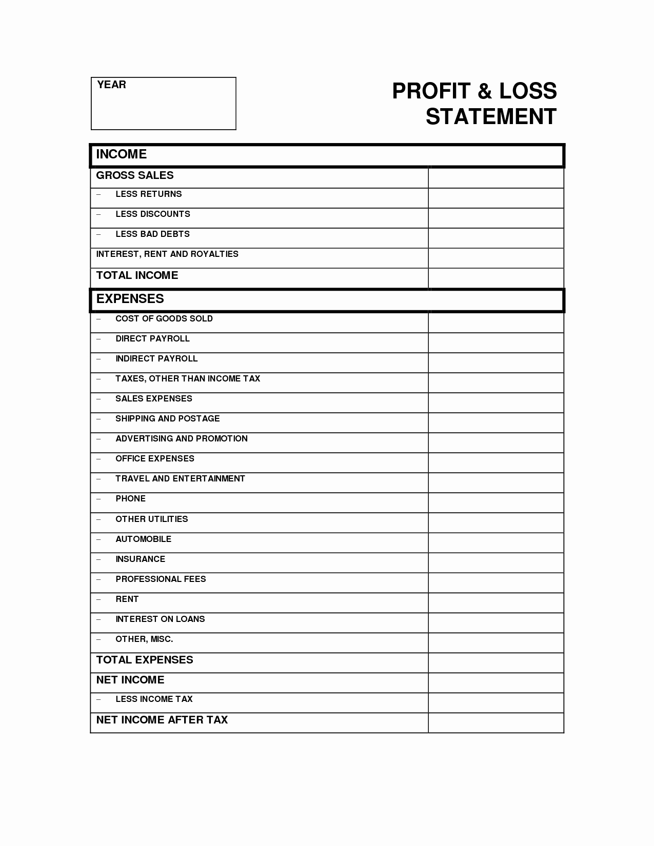 Profit Loss Statement Example Luxury Printable Blank Profit and Loss Statement