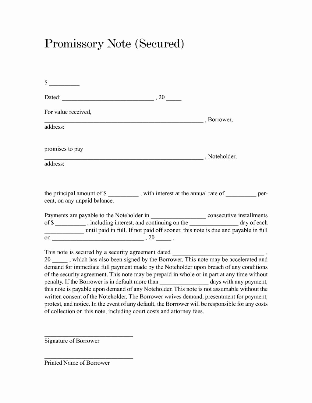 Promissory Notes Templates Free Elegant Blank and Fill Able Secured Promissory Note form Sample