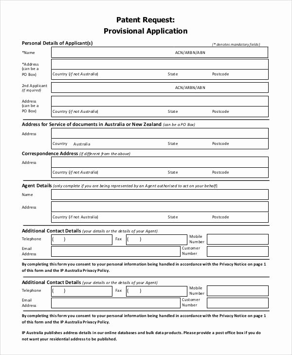 Provisional Patent Application form Beautiful Free Application forms