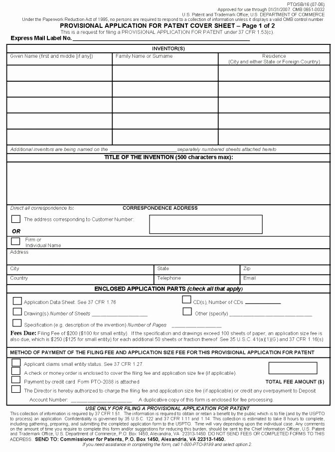 Provisional Patent Application form Fresh Provisional Patent Application form Pdf