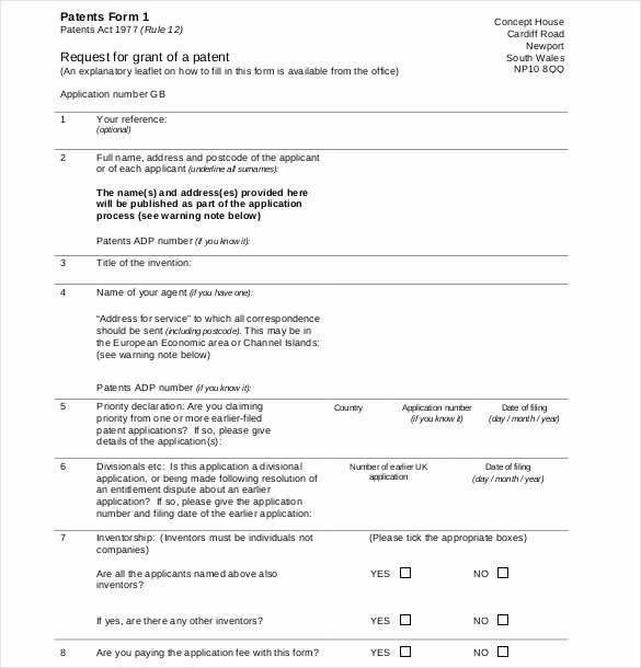 Provisional Patent Application form New 12 Patent Application Templates Free Sample Example