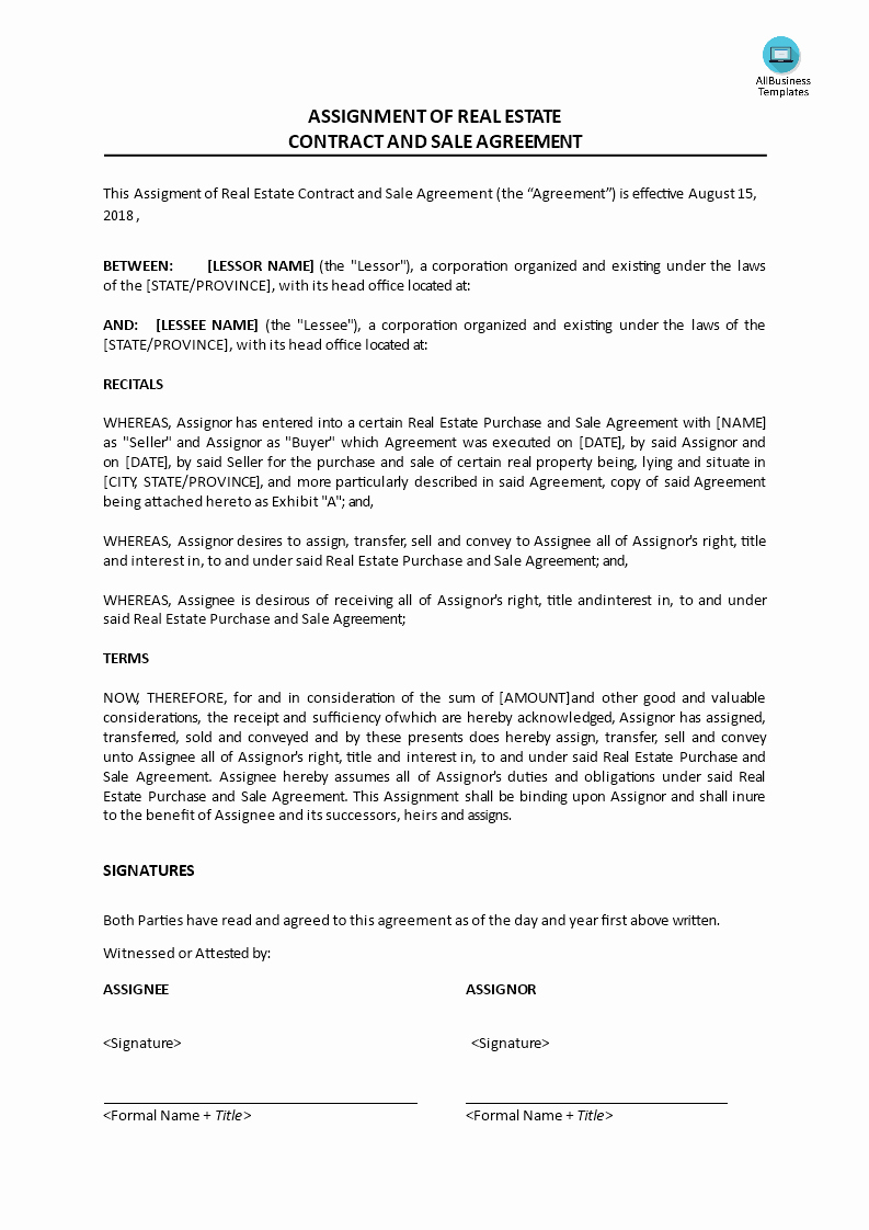 Real Estate Contract Template Inspirational assignment Of Real Estate Contract and Sale Agreement