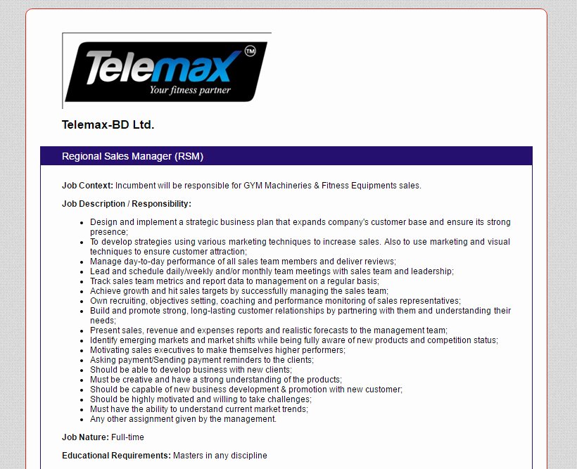 Regional Sales Manager Job Description Awesome Telemax Bd Ltd Position Regional Sales Manager Rsm