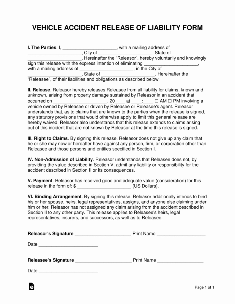 Release Of Liability form Pdf Awesome Car Accident Injury Claims Templates