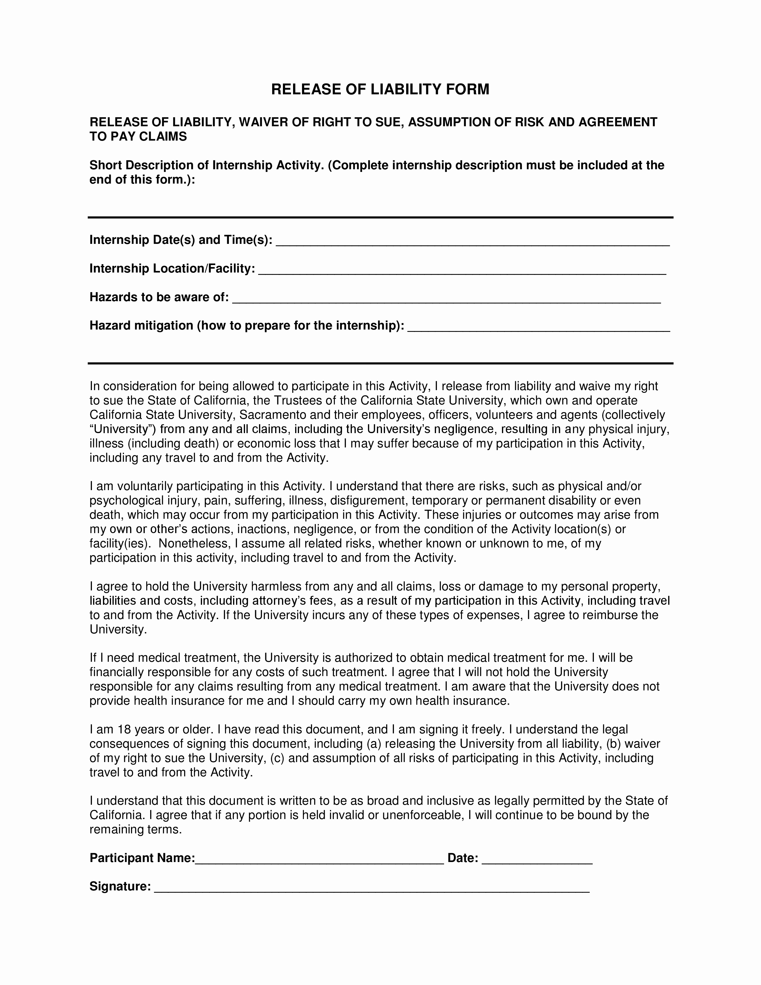 Release Of Liability form Pdf Luxury Free Liability Release forms Pdf Template