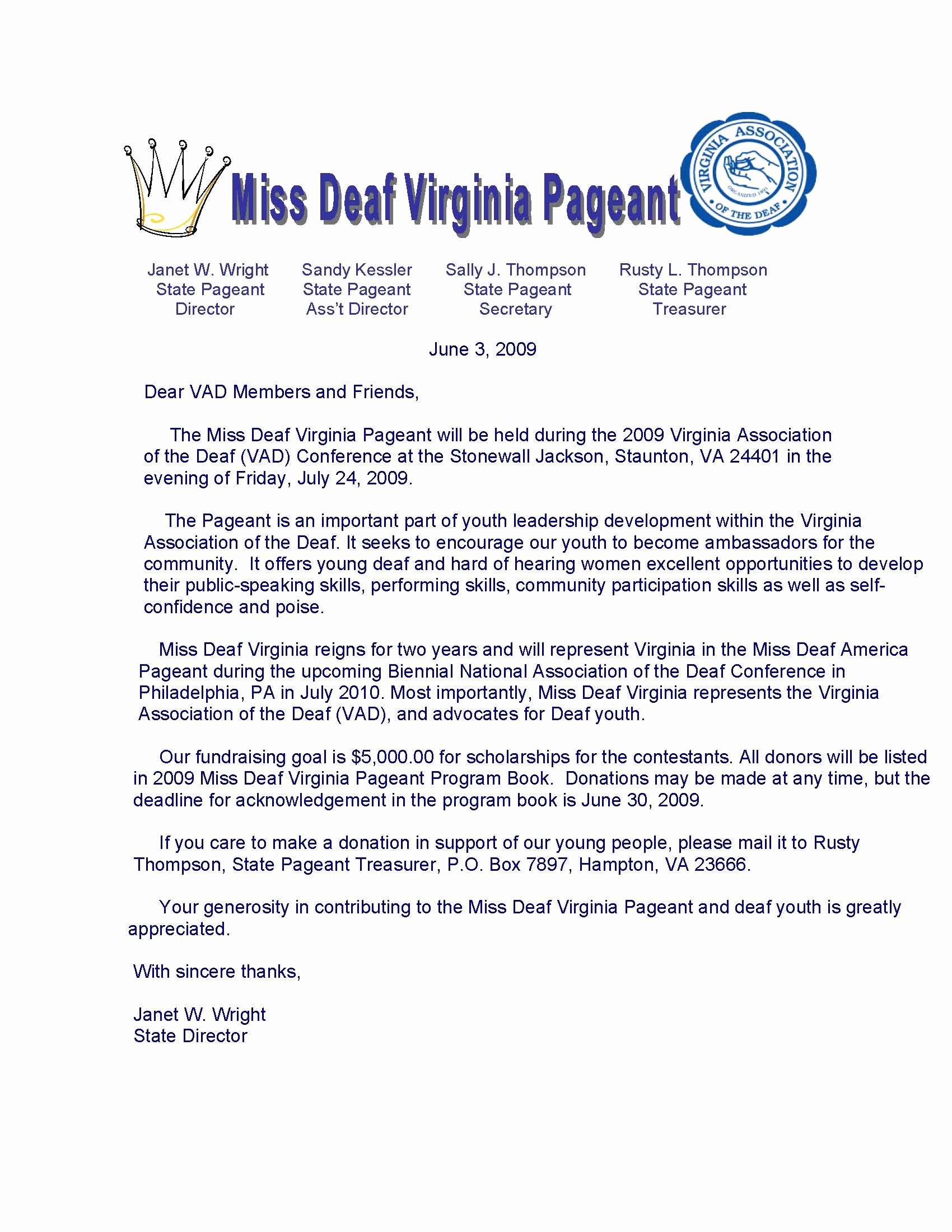 Request for Donations Letter Unique Donation Request for Miss Deaf Virginia Pageant Deaf and