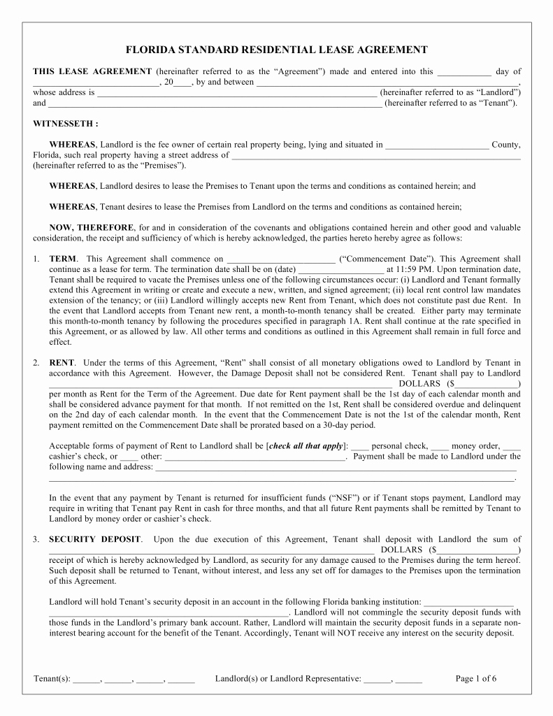 Residential Rental Agreement form New Free Florida Standard Residential Lease Agreement Template