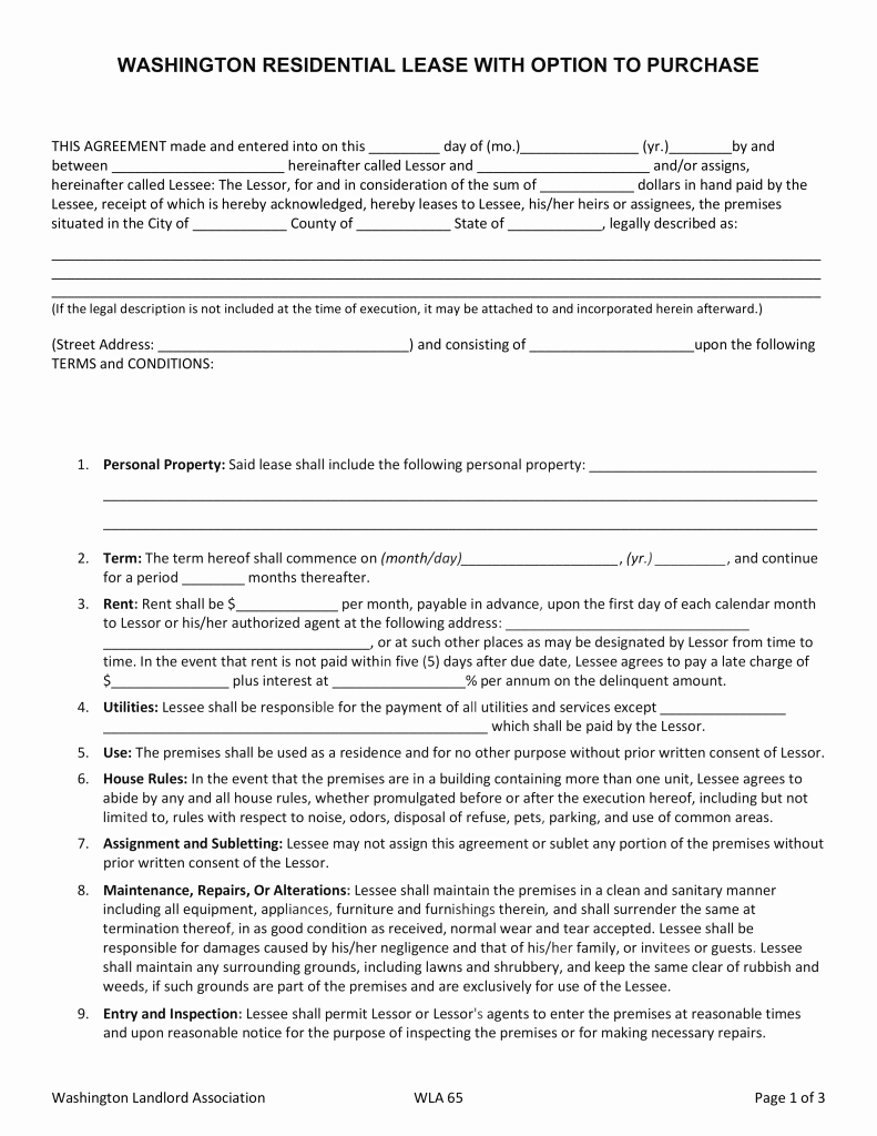 Residential Rental Agreement form Unique Free Washington Residential Lease with Option to Purchase