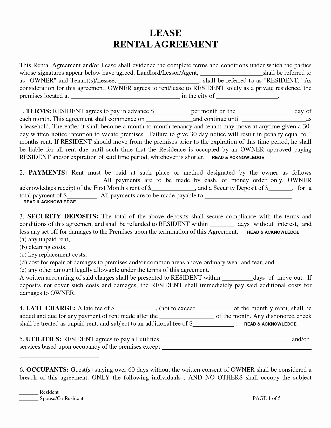 Residential Rental Agreement form Unique Printable Sample Residential Lease form