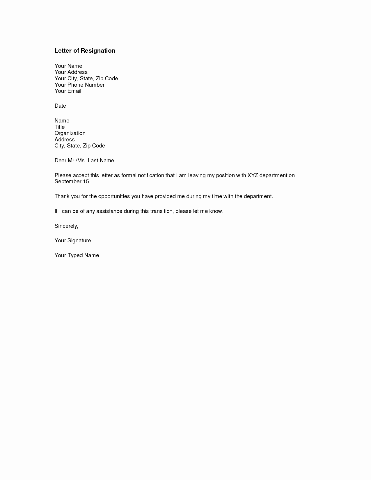 Resignation Letter Template Free New Free Printable Letter Of Resignation form Generic