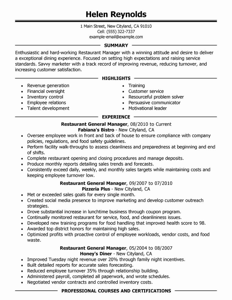 Restaurant General Manager Resumes Elegant Best Restaurant Manager Resume Example