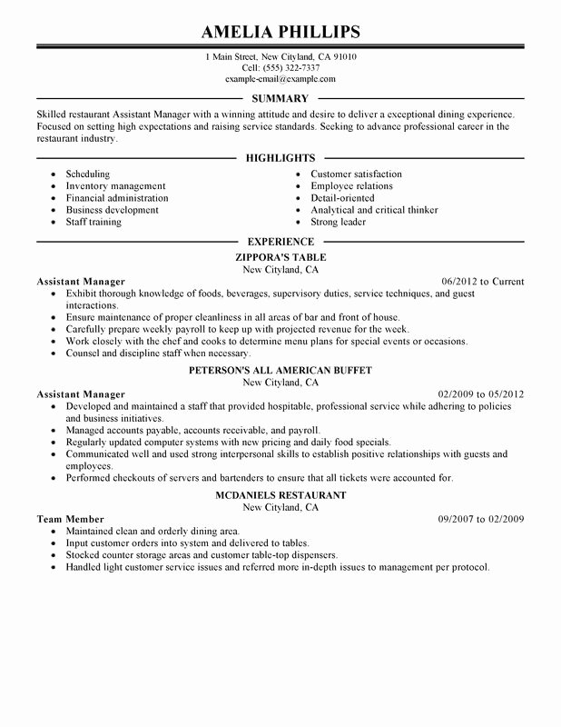 Restaurant Manager Resume Examples Awesome Unfor Table assistant Restaurant Manager Resume Examples